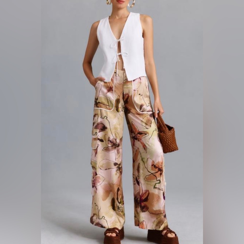 Anthropologie Watercolor Floral Wide-Leg Pants in Cream, Pink & Green